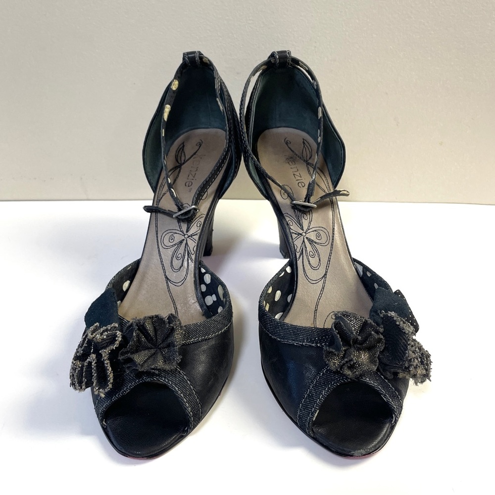 Kenzie Sema Womens Ankle Strap Leather Heel Flower Detail Black Siz 10